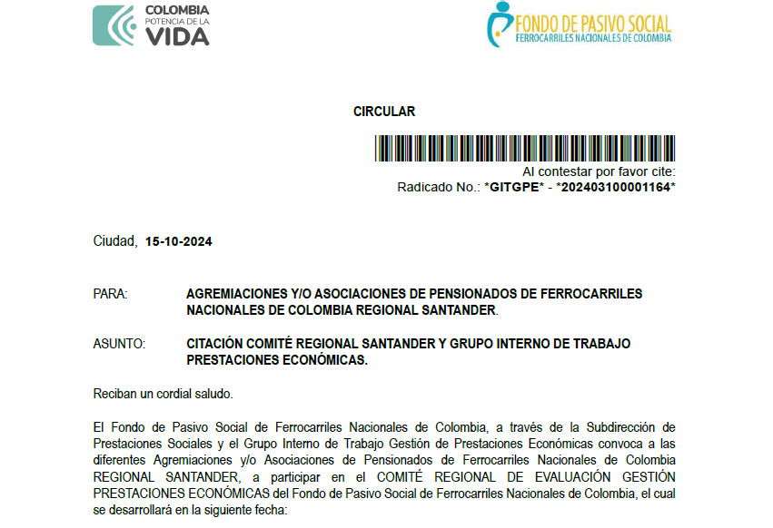 Citación Comité Regional Magdalena y Grupo Interno de Trabajo Prestaciones Económicas.