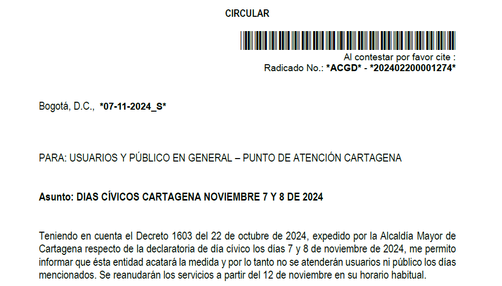 CIRCULAR DÍAS CÍVICOS CARTAGENA 2024