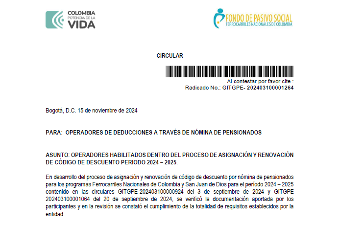 OPERADORES HABILITADOS DENTRO DEL PROCESO DE ASIGNACIÓN Y RENOVACIÓN DE CÓDIGO DE DESCUENTO PERIODO 2024 – 2025